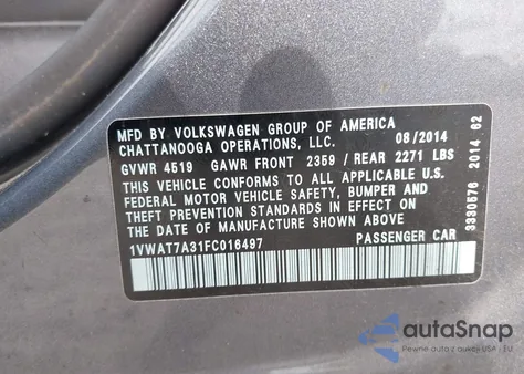2015 Volkswagen Passat 1.8T Wolfsburg Edition from USA, damaged, VIN 1VWAT7A31FC016497